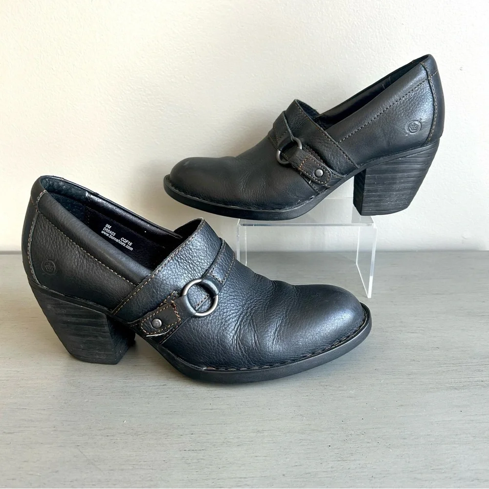 Born Leather Ankle Block Heel Slip On Boots Booties Women Sz 9 Black Strap Moto